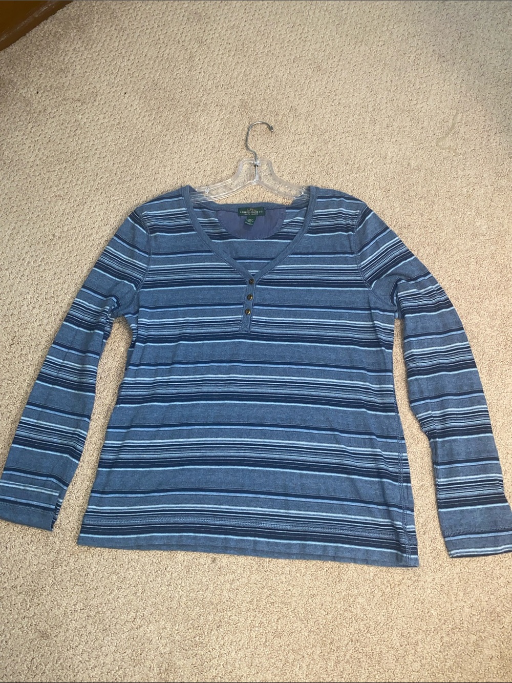 LRL Lauren Jeans Co Striped Navy and Light Blue Henley Top, size L